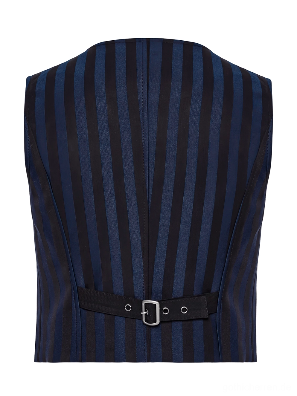 Rückseite flach der Marine Schwarz striped gothic Weste – zeigt Mittelnaht und dekorativen Metallschnallenverschluss