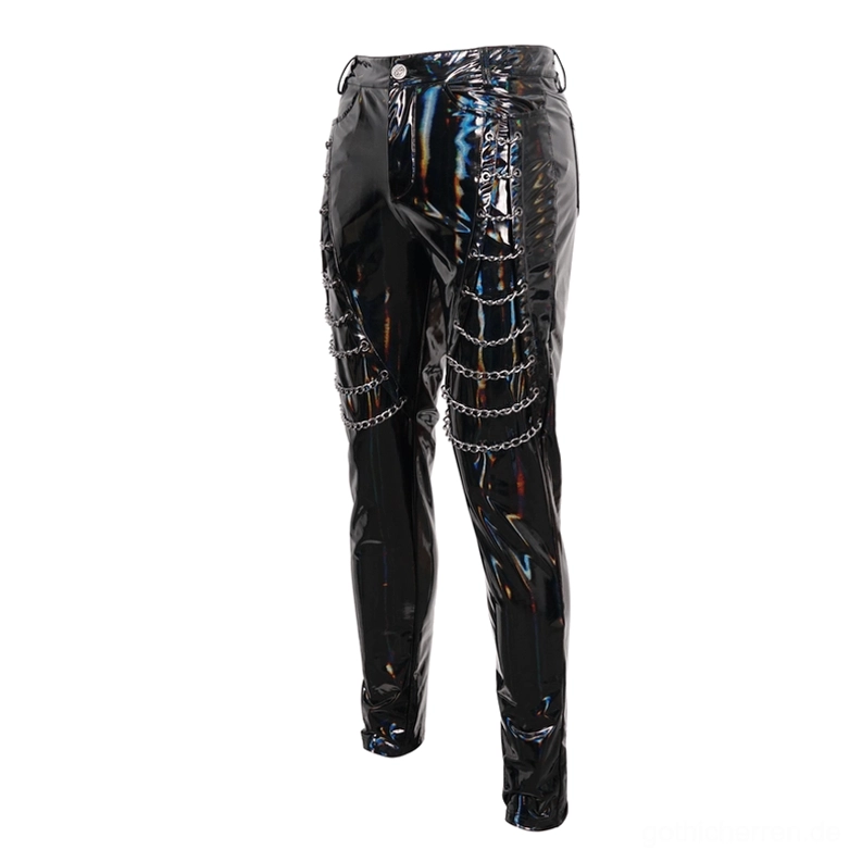 Schwarze irideszente Patent-Lederhose Seite-Rückseite Flat View – Kettenbesatz-Akzente auf Slim-Cut Punk-Trousers seitliches Profil