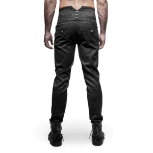 Schwarze gotische Jacquard Hose Rückansicht Herren zeigt Dreifach-Knopfverschluss V-förmiger Hochbund gestickter Randverzug