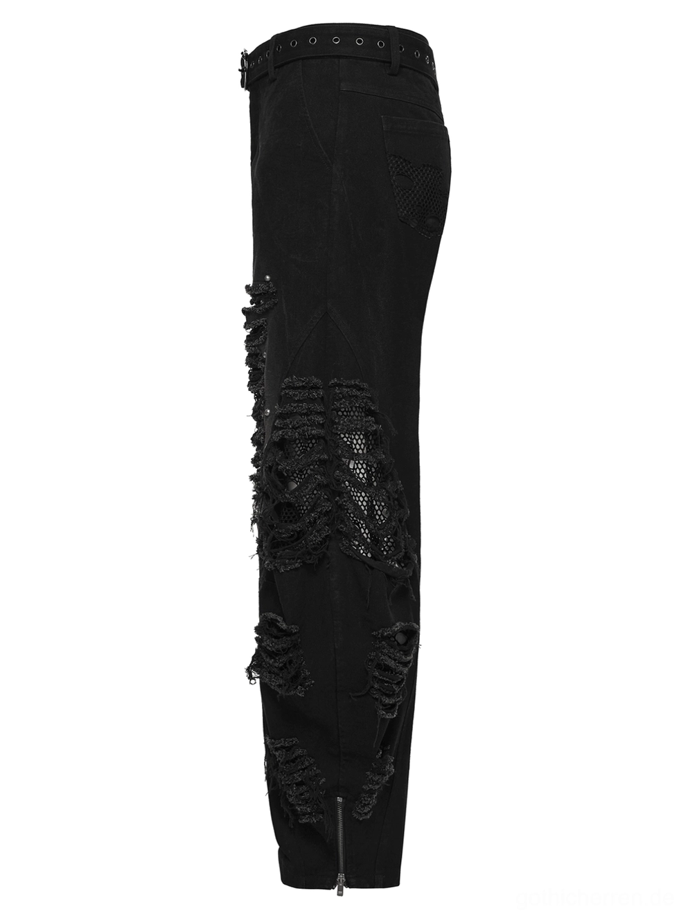 Schwarze Punk Denim Jeans Seitenprofil Flat-Lay Knöchelreißverschluss Risse Mesh-Details herren