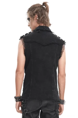 Schwarze Punk Rock Gothic Weste Herrenrückenansicht mit zerzausten Spitzentrimmer und Armlochaccessoires auf Model
