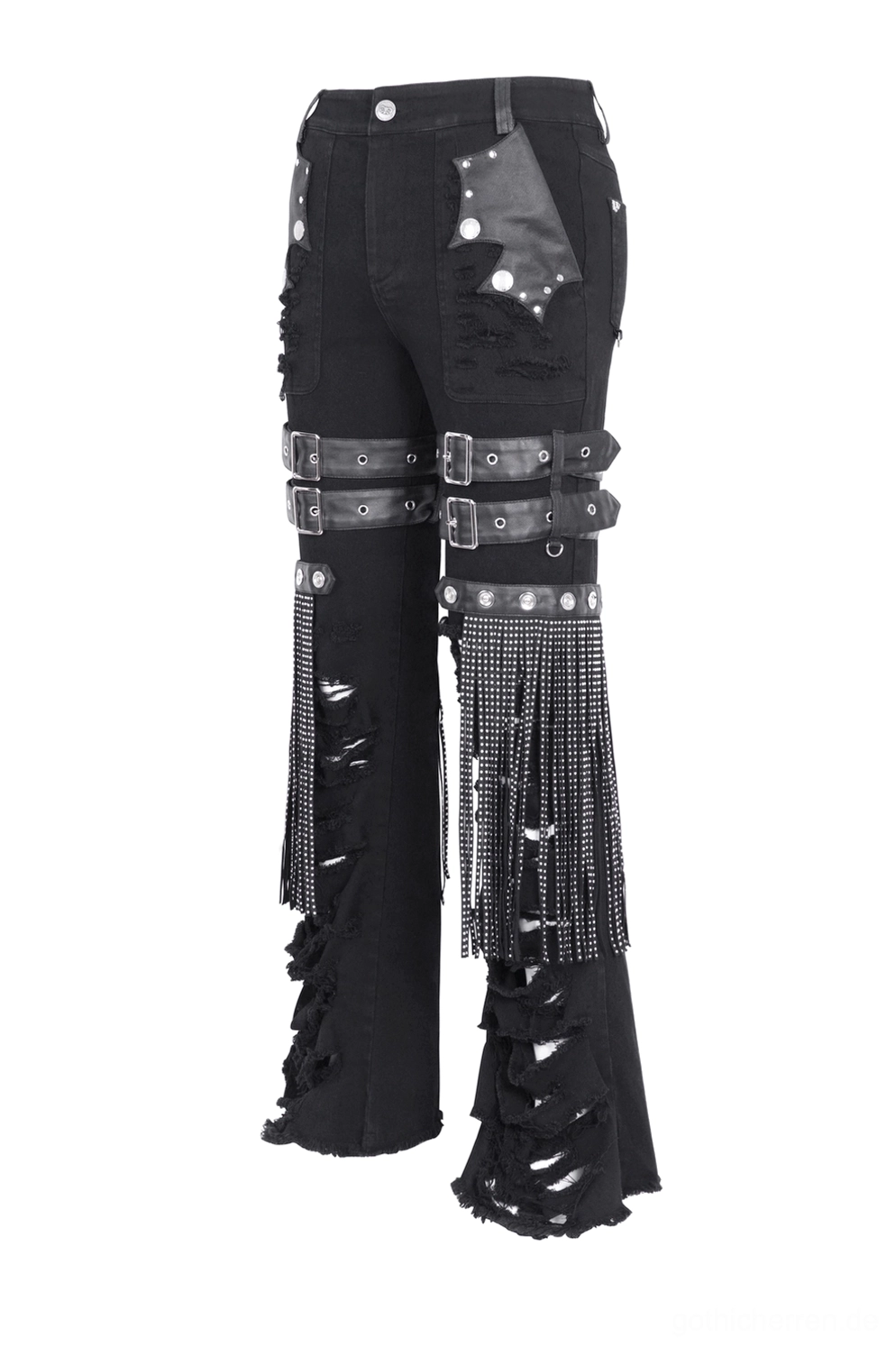 Schwarze Punk ausgestellte Jeans Vorderansicht Flachlage zeigt doppelte Oberschenkel-Schnallengurte Lederhosentaschen und Kettendetails