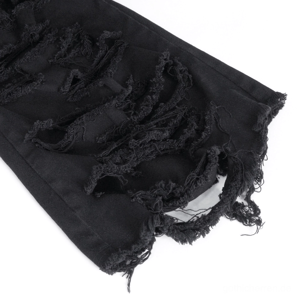 Schwarze Punk-Jeans Gesamtsilhouette zeigt taillierte Konstruktion ausgestellte Beine und charakteristische Gothic-Details