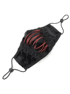 Schwarze Samt-Gothic-Maske mit rotem Korsett-Schnürsystem und floraler Spitzeneinfassung – flache Produktaufnahme mit verstellbarem Ohrriemen und Details
