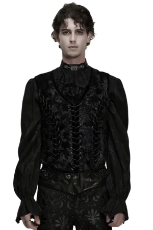 Schwarze Samt-Korsageweste mit Metallösen-Schnürung, Frontansicht, ganzer Körper am Modell, Gothic Herrenmode