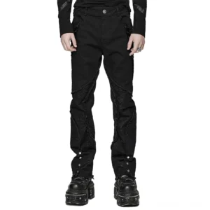 Männliches Modell trägt schwarze Spider-Mesh Gothic Röhrenhose mit Metallösen und Knöpfen, Frontalansicht im Studio