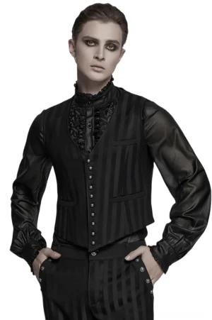 Schwarze Streifen-Anzugweste Frontansicht mit viktorianischen Metallknöpfen, vertikalem Streifenmuster und tailierter Silhouette für Herren Gothic-Mode