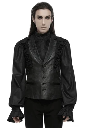 Schwarze Victorian Gothic Weste mit 3D Rüschen-Jacquard Design in Frontalansicht auf männlichem Goth-Model - komplette Vorderansicht