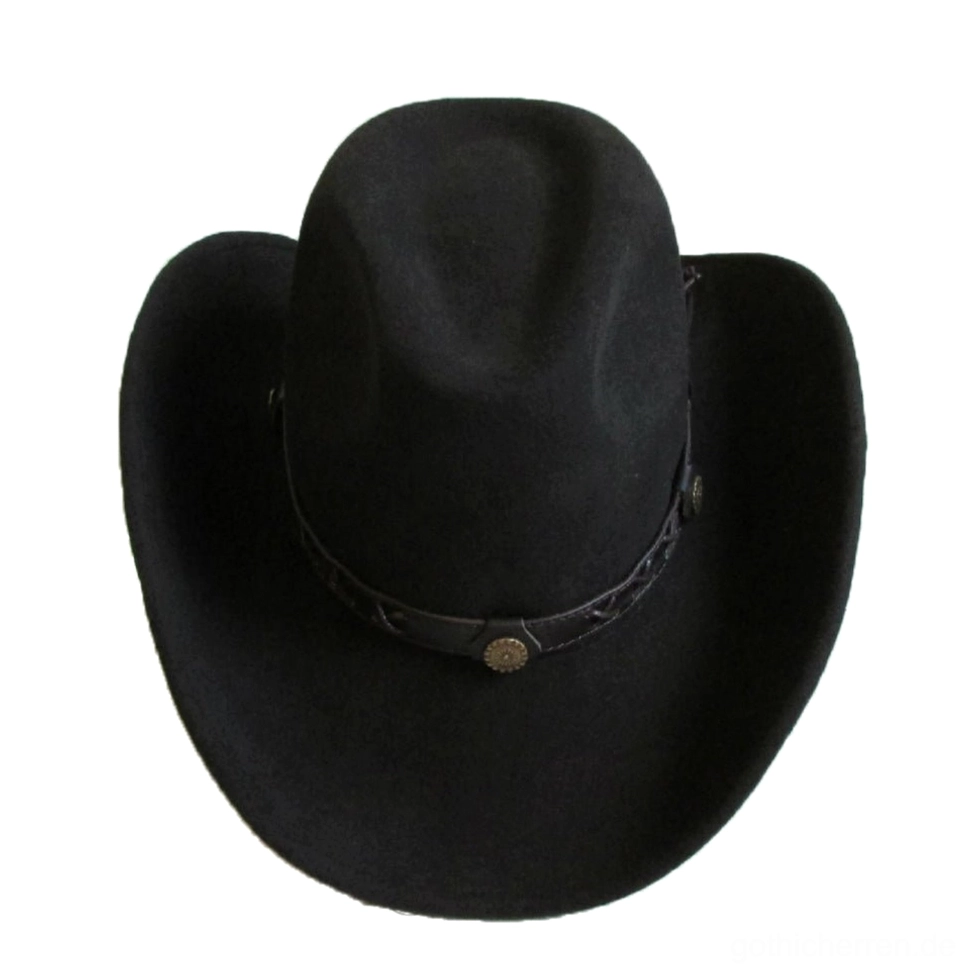 Breiter schwarzer Cowboy Fedora Hut aus Wollfilz Frontansicht Aufsicht zeigt dunkle Krempe Metallornament auf geflochtenem Hutband und Pinch-Crown Design