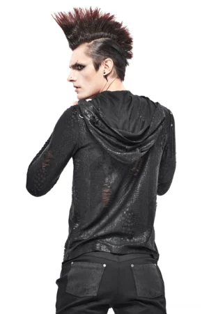 Schwarzer asymmetrischer Gothic Hoodie Rückansicht mit tailiertem Rückenpanel und angebrachter übergroßer Kapuze mit Metall-Hardware-Details