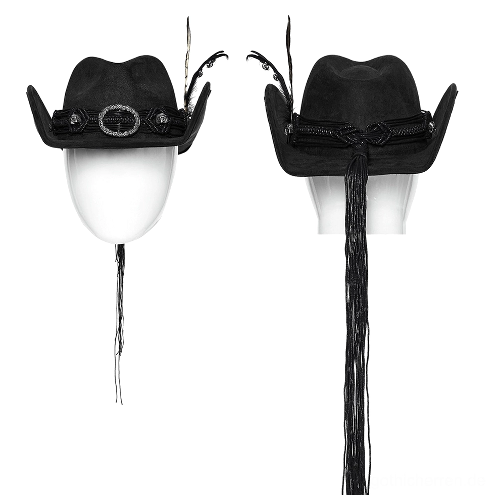 Geteilte Ansicht des schwarzen Gothic-Hörner-Cowboyhuts – Vorder- und Rückseite auf Schaufensterköpfen, zeigt geschwungene Hörner, Federverzierung vorne und lange Quaste hinten