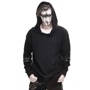 Schwarzer Gothic Lace-Up Kapuzenpullover für Herren von vorne, getragen auf Model mit alternativer Styling und dunklem Punk Make-up, Steampunk Schnürbindungen an den Ärmeln