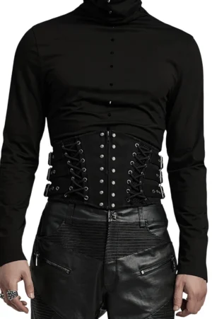 Schwarzer Gothic Lace-Up Korsettgürtel in Vorderansicht auf männlichem Model mit Metallnieten, Mesh-Paneelen und seitlichen Schnallen im professionellen Studio