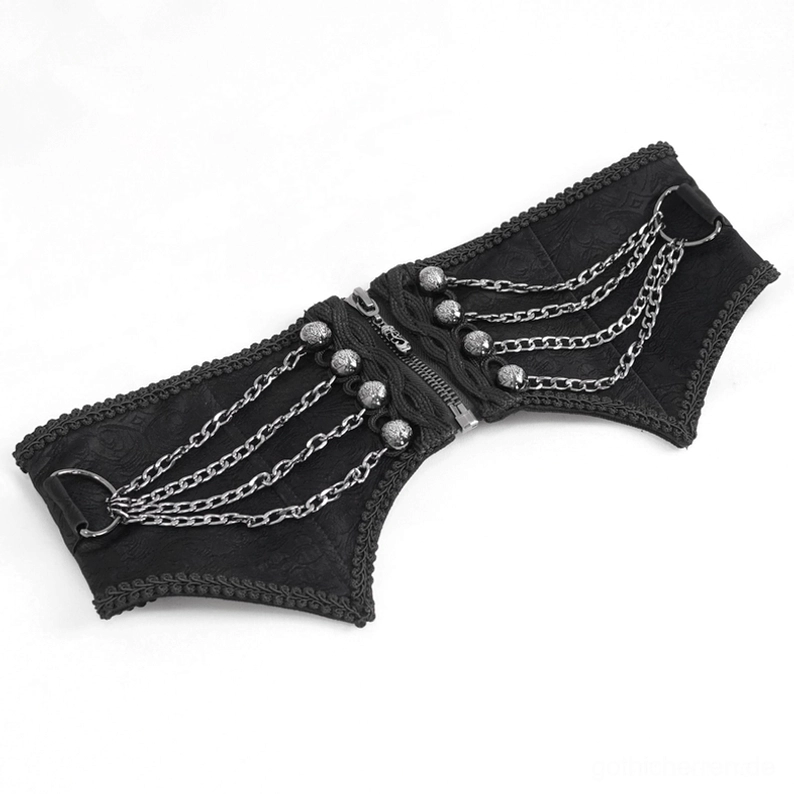 Draufsicht Flatlays schwarzer Gothic Punk Korsettgürtel vollständig ausgebreitet zeigt Reißverschluss und Kettenverzierung auf beiden Seiten