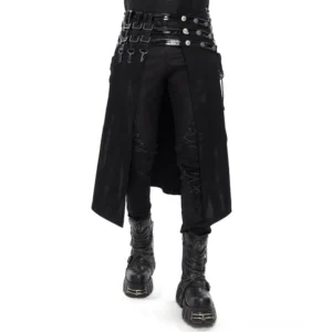 Schwarzer Gothic Herrenrock Männer mit Nieten – vollständige Vorderansicht auf männlichem Model in Studio