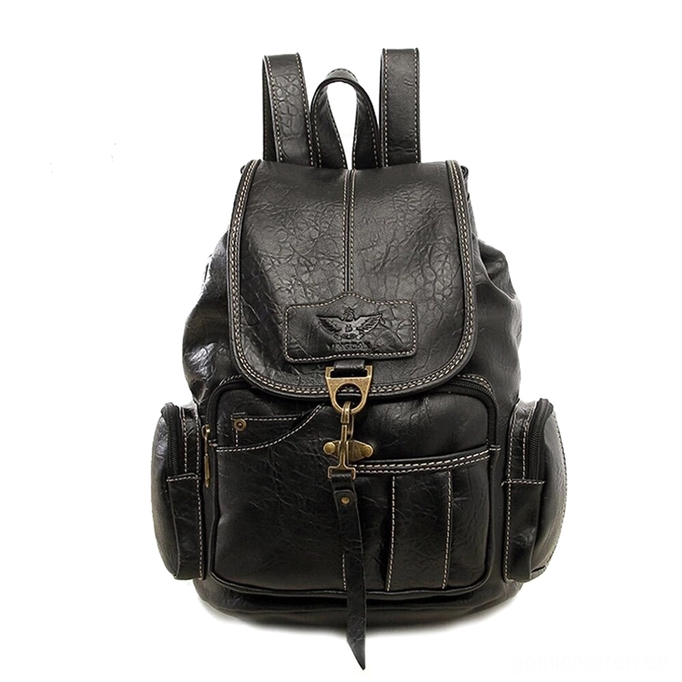Schwarzer Vintage-Rucksack aus PU-Leder mit charakteristischer Distressed-Leder-Textur, weißem Kontrastnähten und antiker Bronze-Hardware, Front-Flachansicht auf weißem Hintergrund – Perfekt für Gothic Dark Academia Styling