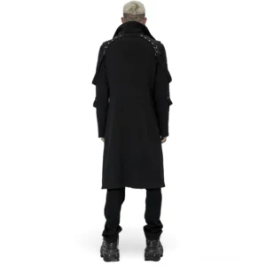 Schwarzer asymmetrischer Hochkragen Gothic Trenchcoat - Vorderansicht vollständige Modellaufnahme die taillierte Silhouette und strukturiertes Design zeigt