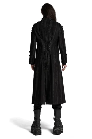 Schwarzer Gothic Trenchcoat mit korsett-ähnlicher Schnürung auf der Rückseite – Hinteransicht mit Kreuzstich-Befestigung und Metallösen-Details