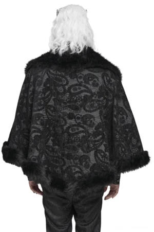 Rückansicht des schwarzen gotischen okkulten Umhangs mit Kunstfellsaum und dunklem Paisley-Jacquard-Webmuster