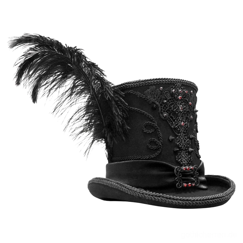 Schwarzer mit Federn verzierter Gothic Zylinder mit strukturierter Wollkrone und geflochtener Hutrand-Detail - linke Seitenansicht Winkel