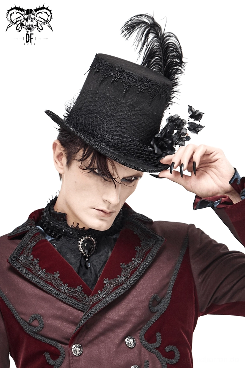 Schwarzer Gothic Zylinder unisex Stil mit 3D Stoffblüten und abnehmbarer Straußenfeder Accessoire