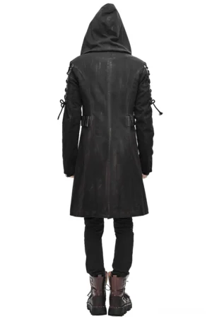 Schwarzer hooded Gothic Trenchcoat Rückansicht, mit Schnürarmeln und verstellbaren Taillenriemen, strukturierter schwarzer Mantel