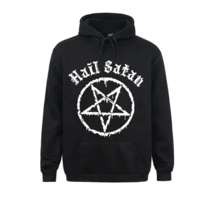 Schwarzer Pentagramm Gothic Kapuzenpullover mit weißem gotischem Print und invertiertem Pentagramm-Symbol, Frontalansicht Flat-Lay-Produktfoto