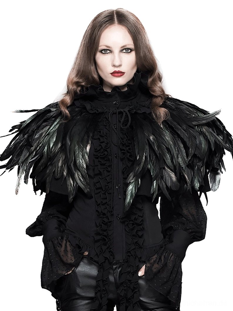 Schwarzer Raben-Federn Gothic Schulterumhang Front-Ansicht weibliches Model Steampunk Capelet irisierend schillernde Federn Gotik-Mode