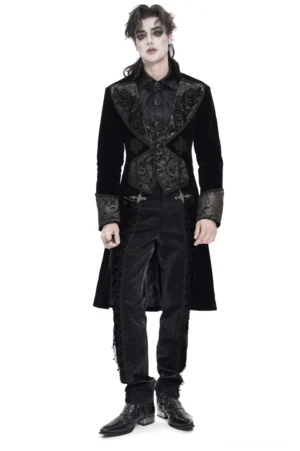 Schwarzer Samtvfrack mit barocker Bronze-Stickerei – Gothic Frack Herren Vorderansicht Full-Body Modellansicht