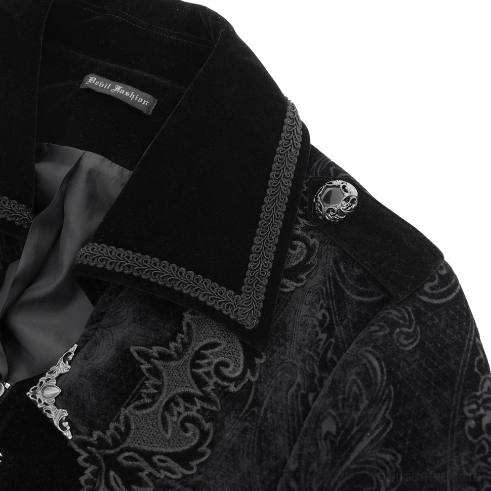 Schwarzer Velours-Gothic-Herren-Frack Stofftextur und Konstruktionsdetail-Fotografie zeigt Jacquard-Muster und Verstärkungsnähte