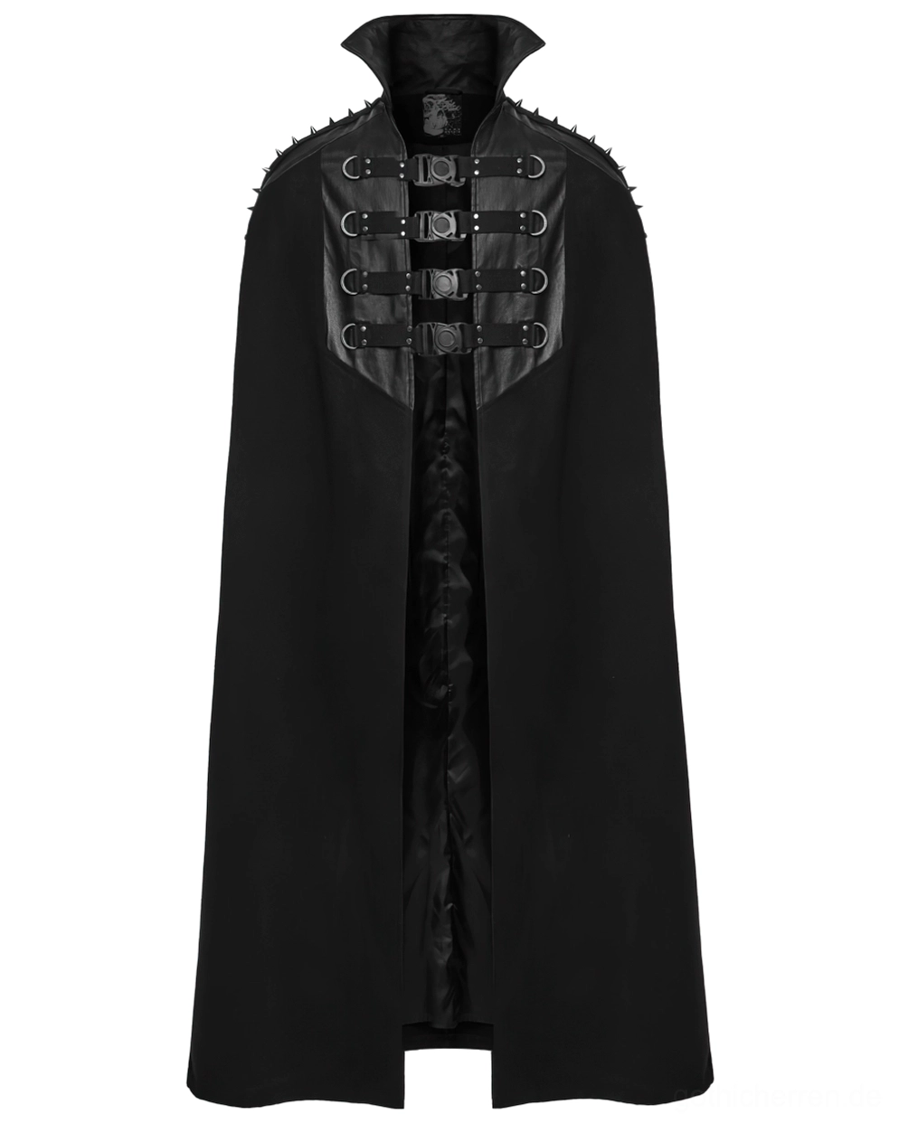 Schwarzer Gotik-Woll-Umhang Vorderansicht mit mehreren D-Schnallengurten, Schulter-Spike-Hardware und strukturiertem Oberkörperdesign