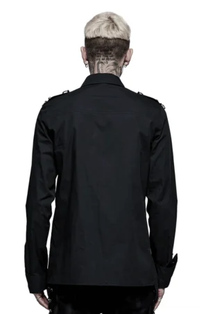 Schwarzes Punk Gothic asymmetrisches Hemd in Rückansicht auf männlichem Model – minimalistisches Design mit Schulter-Hardware-Elementen