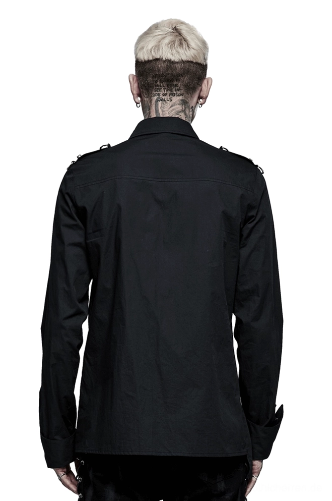 Schwarzes Punk Gothic asymmetrisches Hemd in Rückansicht auf männlichem Model – minimalistisches Design mit Schulter-Hardware-Elementen