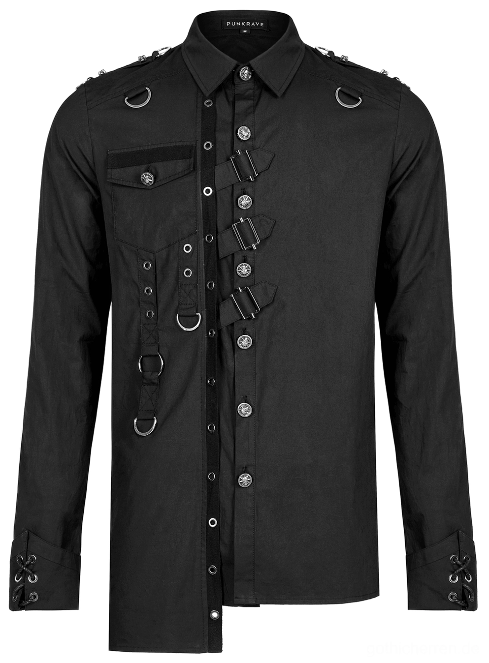 Schwarzes asymmetrisches Gothic Hemd Vorderseite Flat Lay – dekorative Ösen und Schnallen-Positionen hervorgehoben