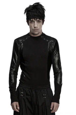 Schwarzes Cyberpunk Langarm-Shirt mit Metalleyelets und Mesh-Panelen in Vorderansicht – Slim-Fit Gothic Alternative Fashion für Männer