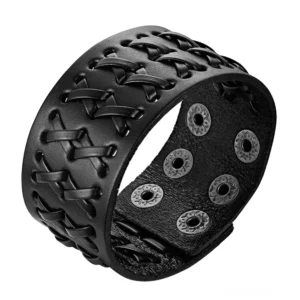 Schwarzes geflochtenes Leder Gothic Armband mit Magnetverschluss und verstellbaren Druckknöpfen auf breitem Lederband, handwerkliche Verarbeitung, Gothic Schmuck