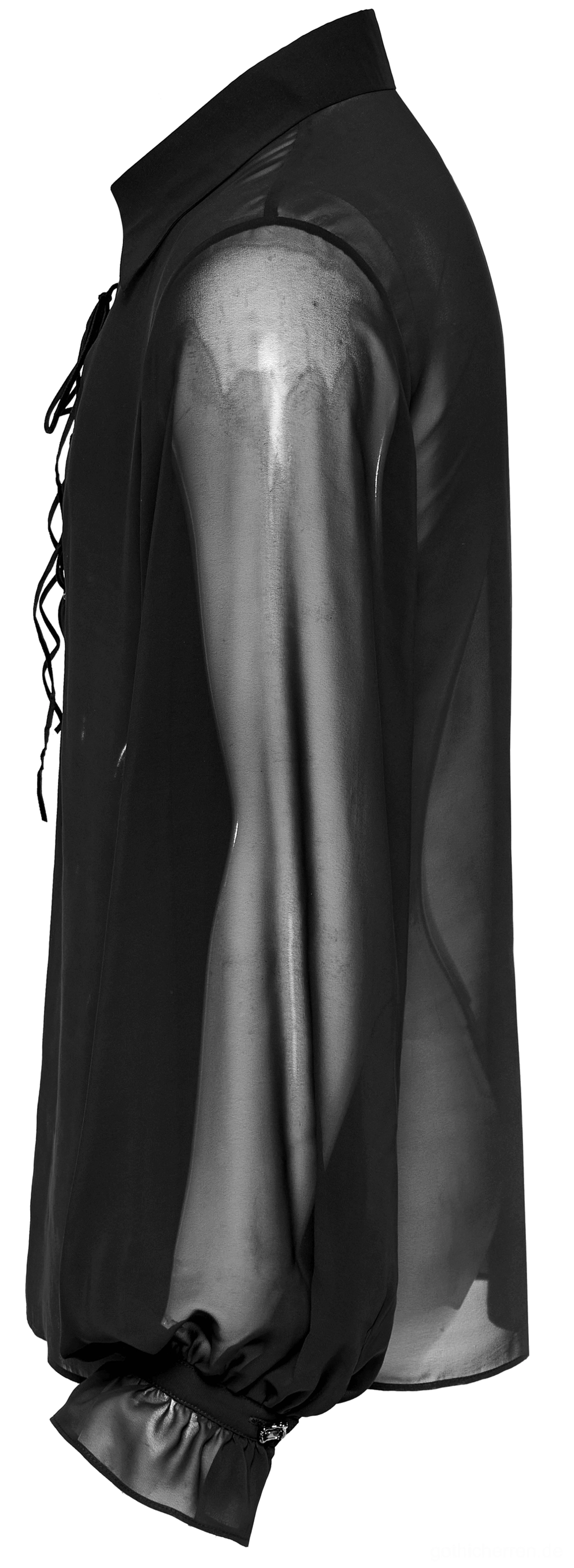 Schwarzes Gothic Chiffon Hemd Seitenansicht – gerüschte Laternärmel und spitzer Kragen-Detail auf Mannequin