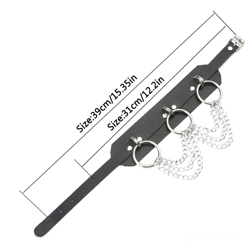 Schwarzes Gothic Choker Halsband mit O-Ring Ketten Detailansicht Größenspezifikationen und Hardware