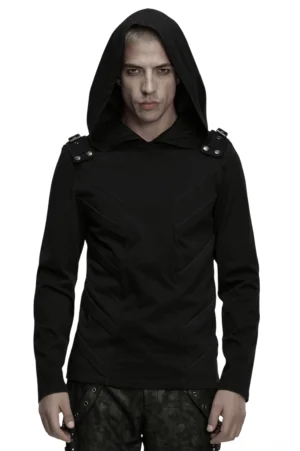 Schwarzes Gothic-Cyberpunk-Hoodie mit 3D-Brustpaneelen und Schulter-Druckknöpfen - Frontale Ganzkörperansicht des Mannes