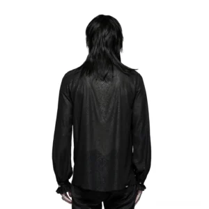 Rückenansicht schwarzes Gothic Hemd zeigt Paisley-Jacquard-Druck und bauschige lange Ärmelsilhouette auf männlichem Model