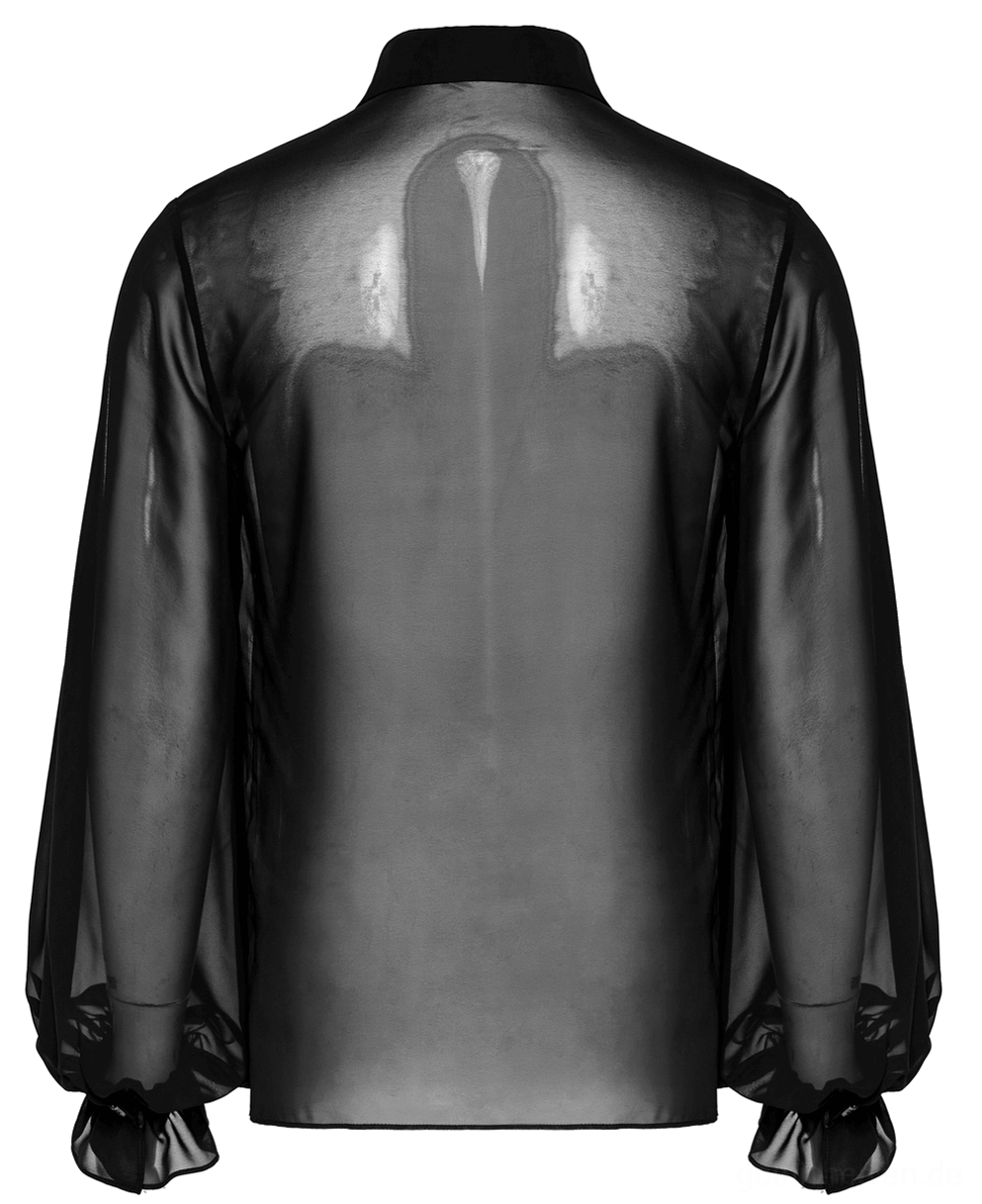 Schwarzes durchsichtiges Gothic Hemd Rückenpanel – gerüschte Manschettendetails und transparentes Chiffon-Material auf Mannequin