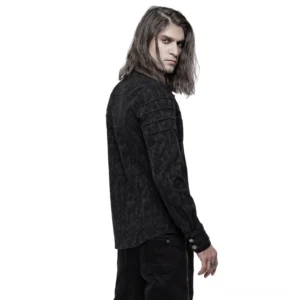 Schwarzes Gothic Jacquard Hemd mit silbernen Metallknöpfen - Seiten- und Rückansicht zeigt verstellbare Manchettenknöpfe und strukturiertes Jacquardgewebe
