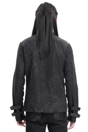Rückansicht Gothic schwarzes Hemd mit Schnallenbündchen und gestuftem zerrissenen Stoff-Design am Model mit geflochtenen Haaren
