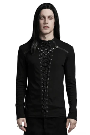Schwarzes Gothic Lace-Up Mesh Langarmshirt mit Eisenring-Details – Vorderansicht getragen auf Modell mit cross-lacing Frontpartie und Stand-Kragen
