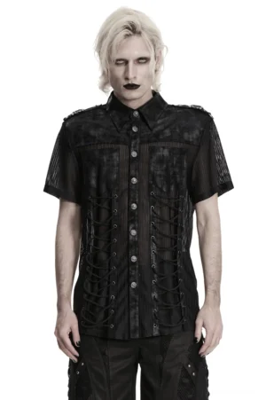 Schwarzes Gothic Mesh Hemd mit Schnürseiten-Paneelen Vorderansicht, zeigt durchscheinende Mesh-Paneele, Knopfverschluss und Metallhardware-Details