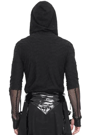 Schwarzes Gothic Mesh Kapuzen-Pullover Rückansicht auf Schneiderpuppe mit glänzenden Lederzubehör, hinten Silhouette mit fingerlose Schnür-Ärmel und strukturierte Kapuze sichtbar