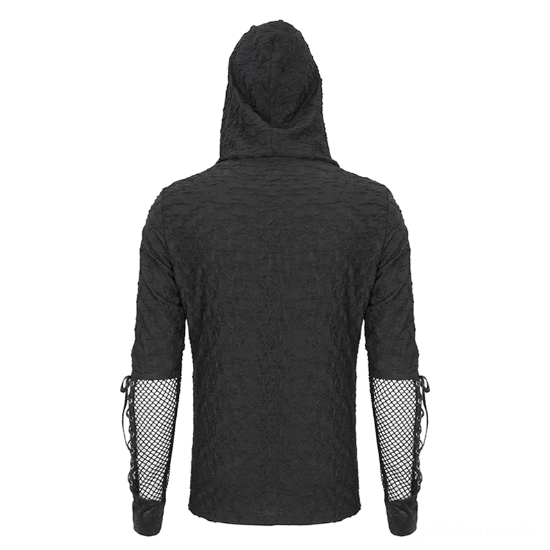 Schwarzes Gothic Mesh Kapuzen-Pullover Rückansicht zeigt handwerklich gefertigte Schnür-Fingerlose Ärmel mit Metallösen und Leder-Details, Mesh-Konstruktion sichtbar