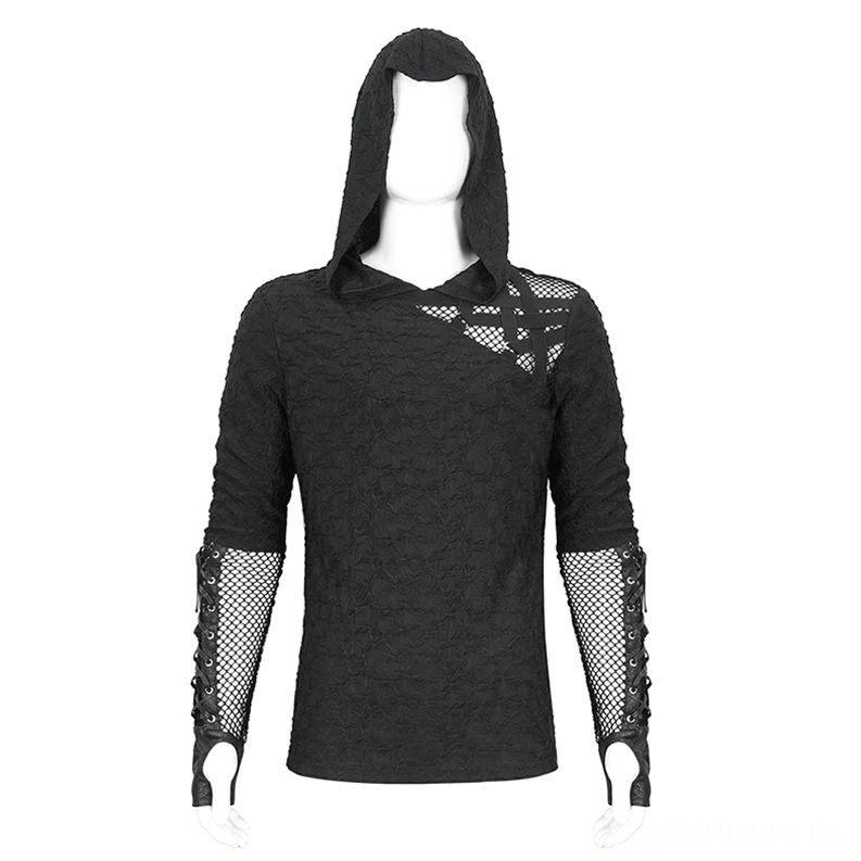 Schwarzes Gothic Mesh Kapuzen-Pullover Vorderansicht Dreiviertelperspektive Schneiderpuppe mit asymmetrischen Schulter-Mesh-Panel und strukturiertem Design, moderne Cyberpunk Gothic Mode