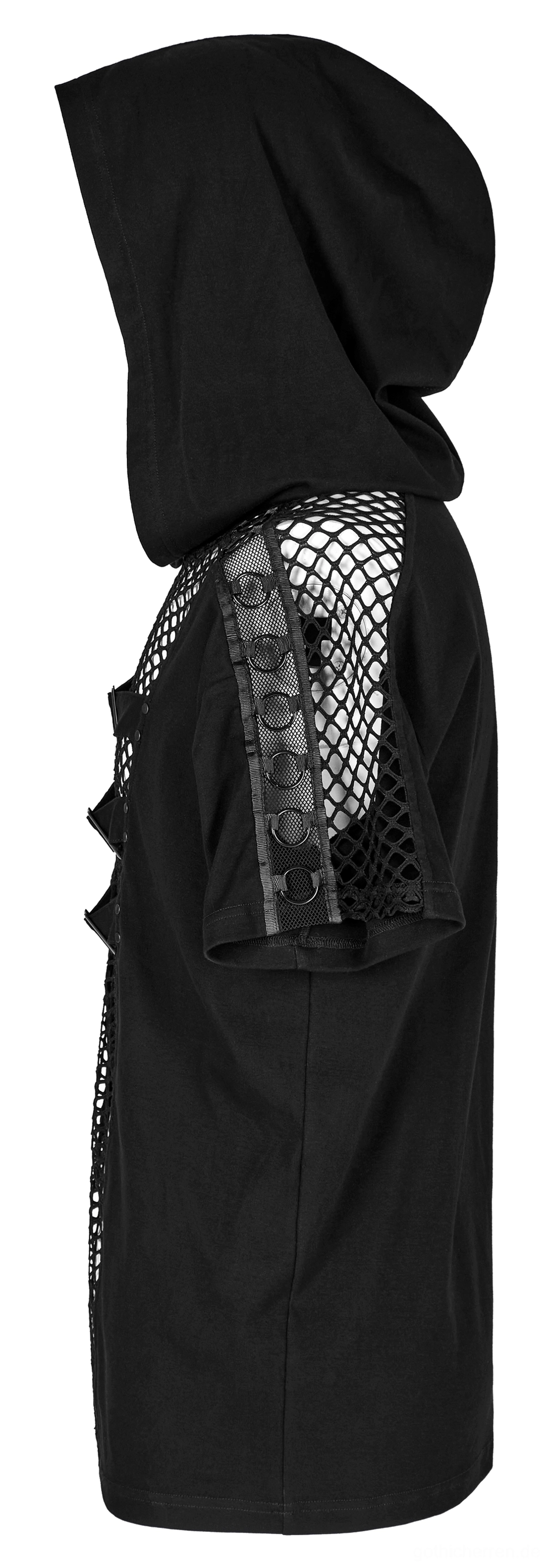 Schwarzes Gothic Mesh Kapuzen-T-Shirt Seitenansicht auf Schaufensterpuppe zeigt Kapuze und Schulter-Netzpanel - Herren Industrial Fashion