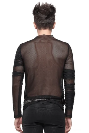 Schwarzes Gothic Netz-Langarmshirt von hinten auf männlichem Model, Rückansicht mit durchscheinendem Meshstoff und Streifendetails